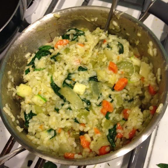 Trying out a new recipe: Spinach Risotto from "Easy Everyday Gluten-Free Cooking" (pg. 125) by Donna Washburn & Heather Butt. Gluten-free and vegetarian-friendly.