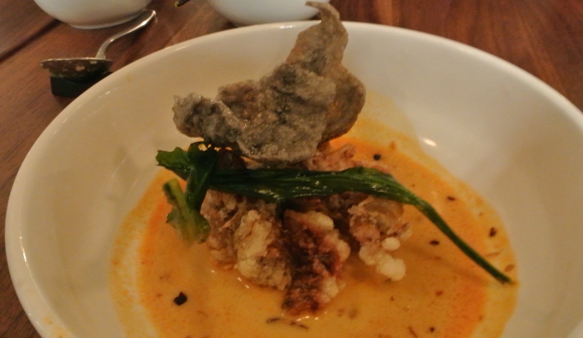 Soft shell crab, bouillabaisse, octopus mantle crackers.