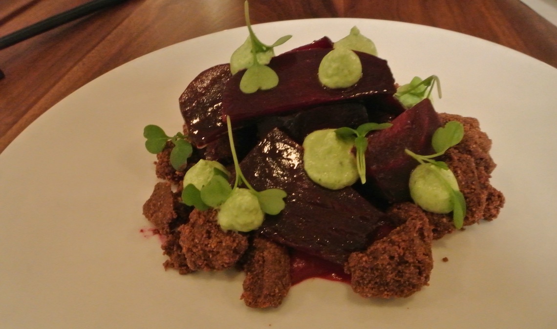 Miso roasted beet, dark chocolate crumble, beer puree.