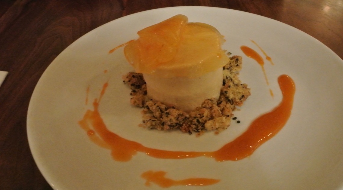 Caramelized white chocolate mousse, black sesame crumble.