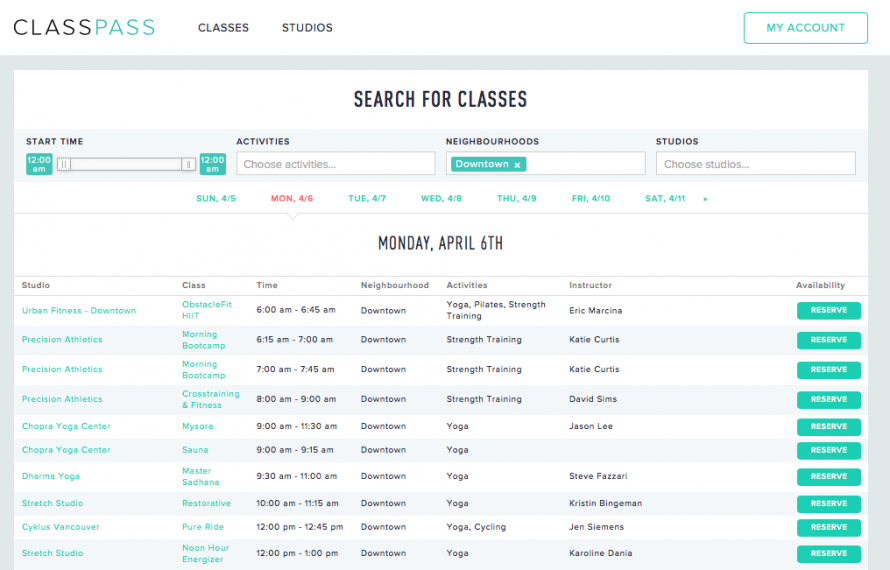 classpass screenshot