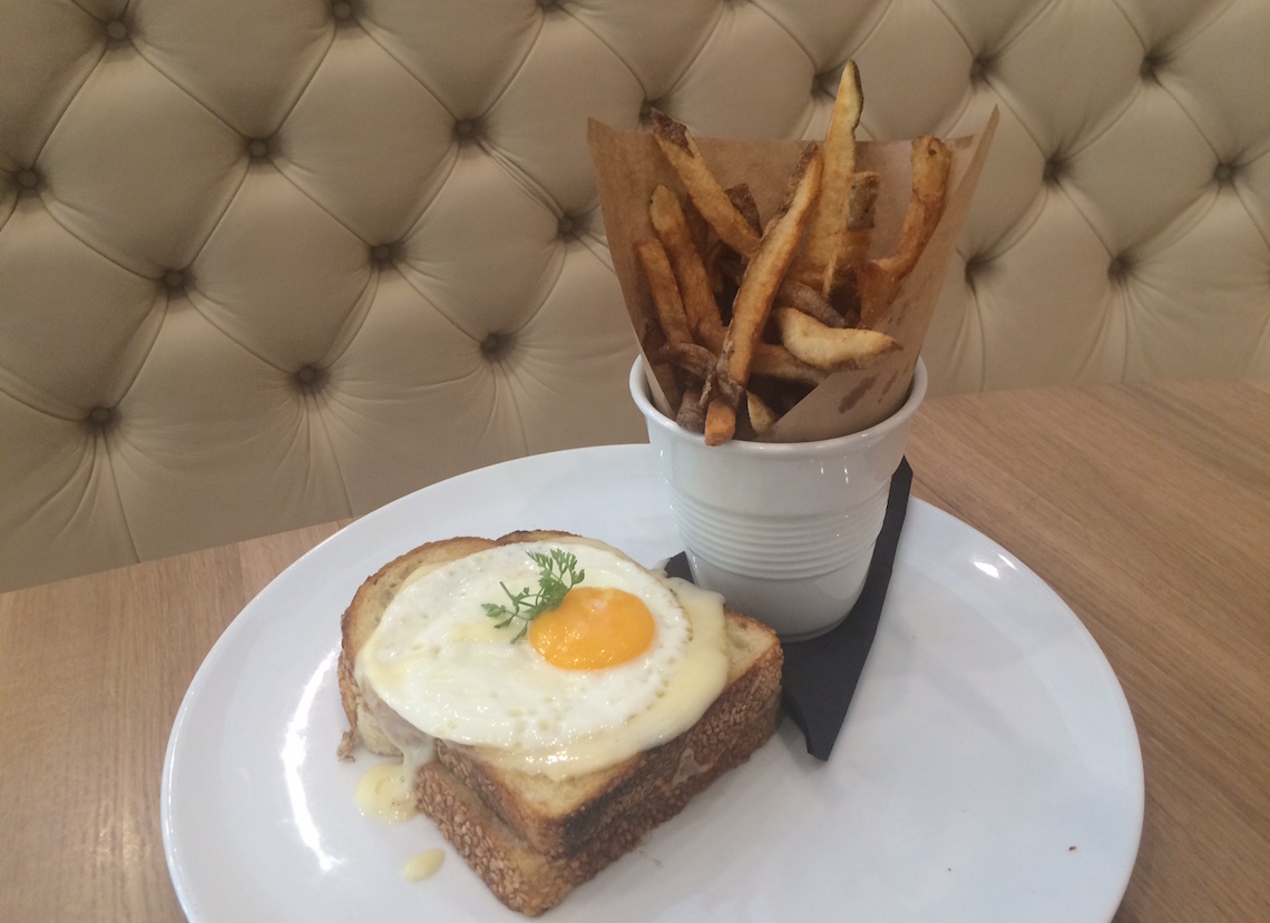 Beef Short Rib Croque Madame ($19) with Braised Beef Short Rib, Sunny Side Up Egg, Béchamel Sauce and Sourdough Bread.