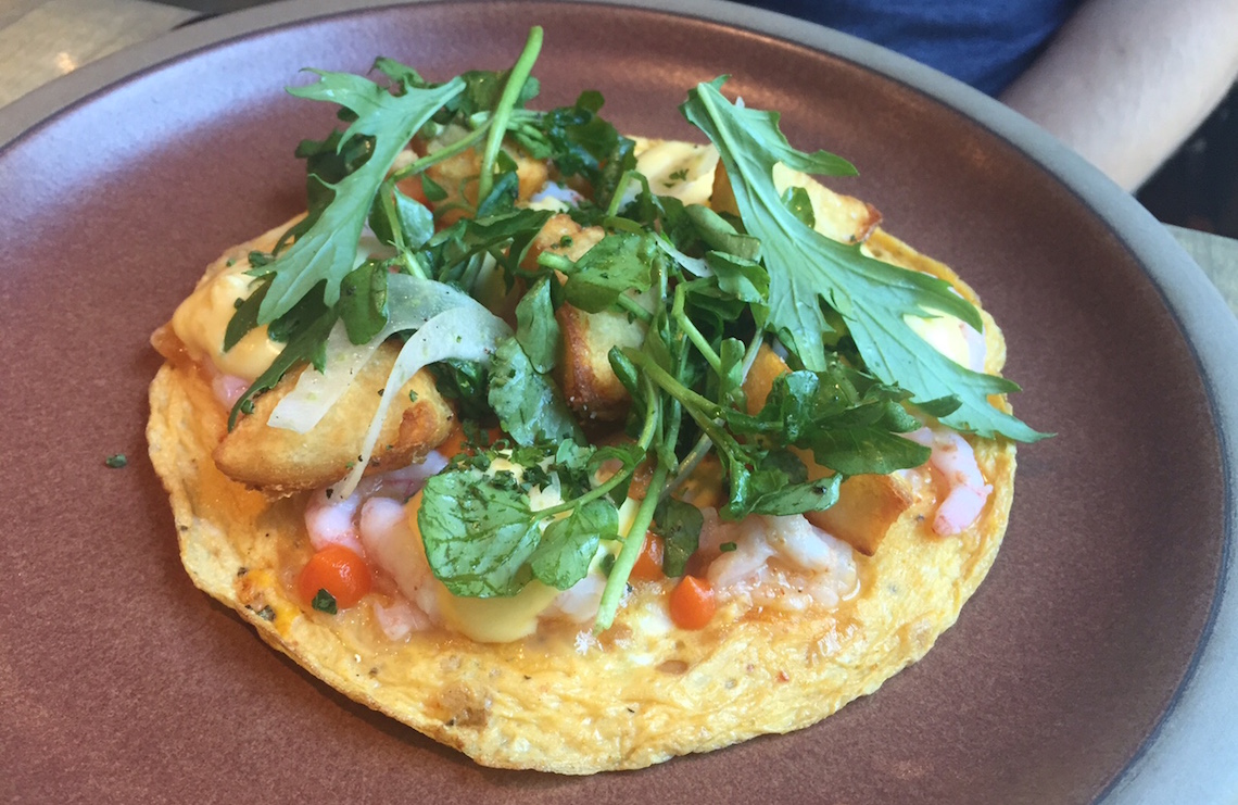 Shrimp Frittata with Smoked Pepper, Hollandaise & Arugula