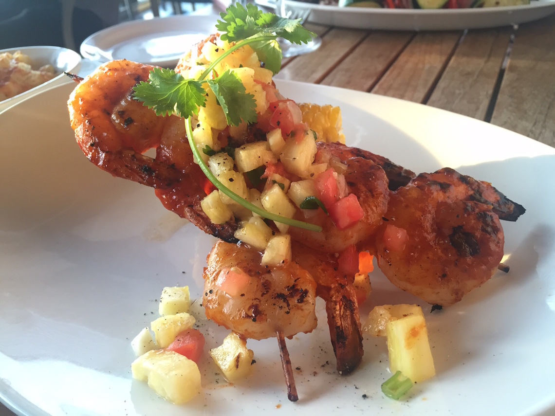 Prawn Skewer with a side of Corn on the Cob.