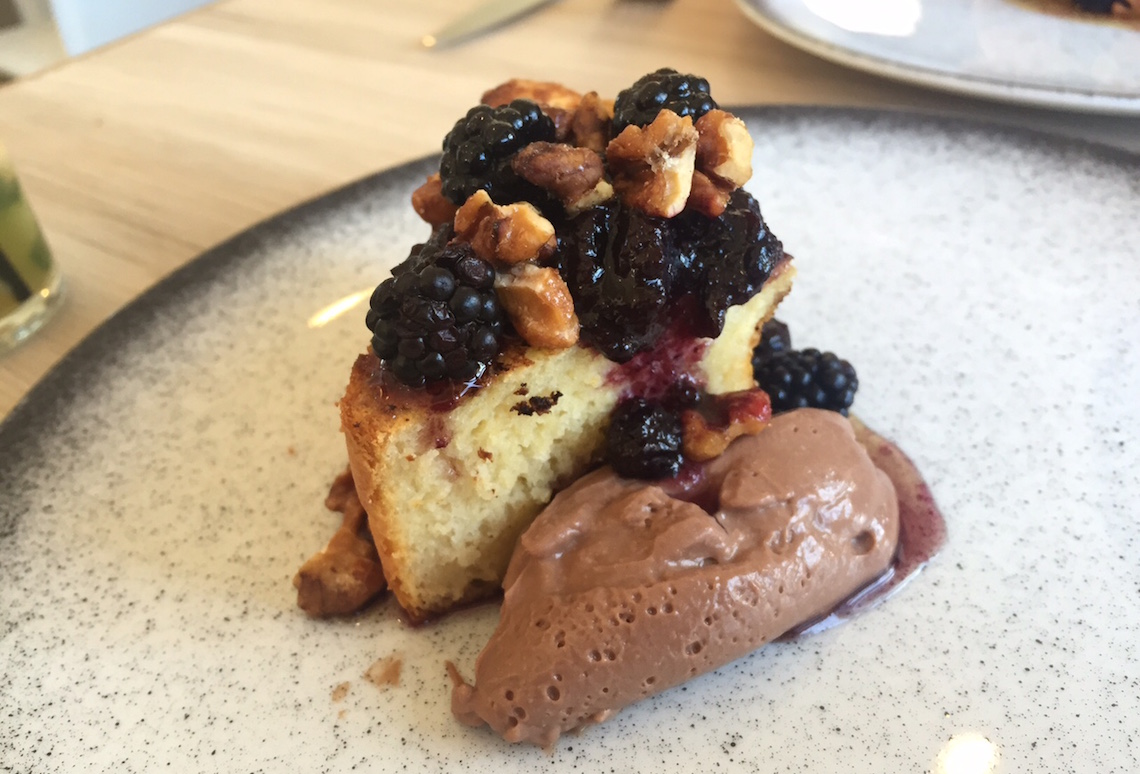 Beach Bay Cafe: Thick Cut French Toast, Berries, Candied Walnuts, Milk Chocolate ($14)