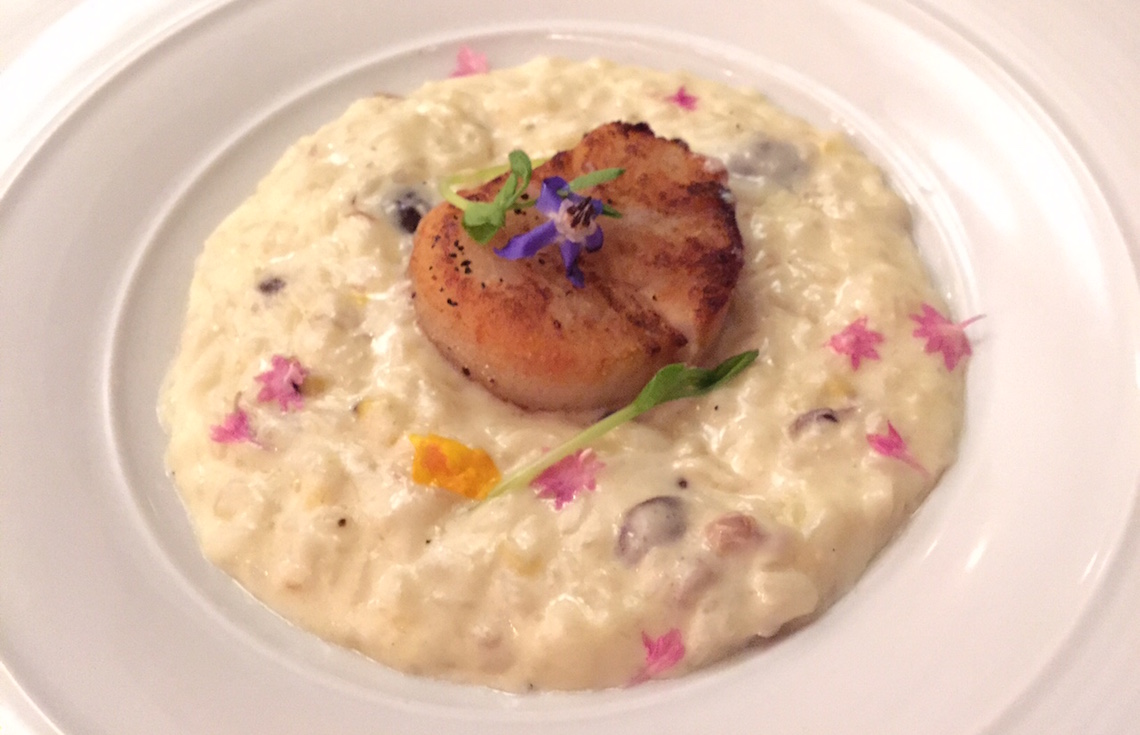 Pierside Kitchen: Pecorino Cream Risotto and Jumbo Scallop, Roasted Corn, Foraged Wild Mushrooms