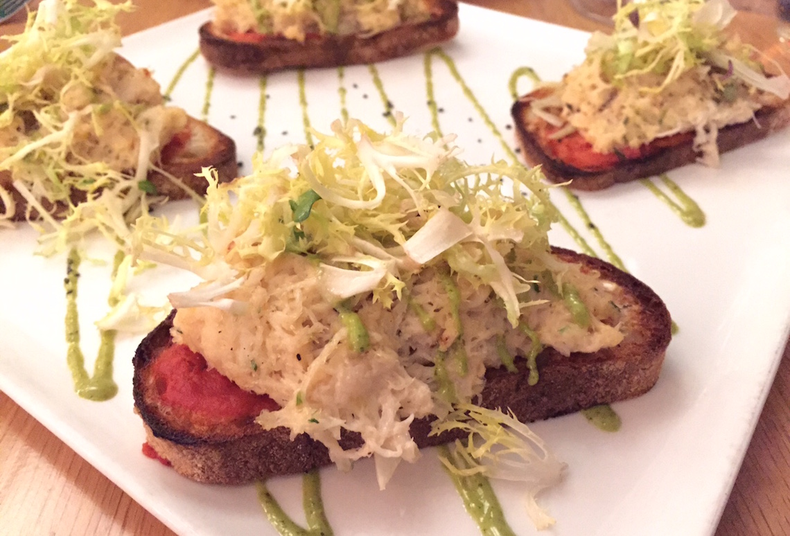 Pierside Kitchen: Dungeness Crab Tartine with Fennel Shavings, Tomato Chutney, Basil Lemon Aioli, Frisee