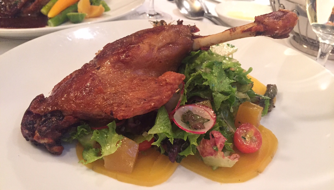 Crispy Duck Confit Salad ($19) - Golden Beets, Mixed Green Apple, Sherry Vinaigrette