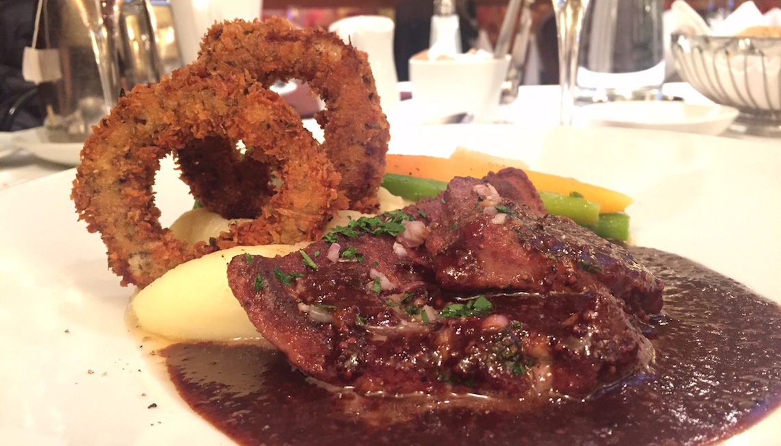 Bistro Pastis: Provimi Calf Liver ($23.50) - Potato Puree, Onion Ring, Mustard Jus