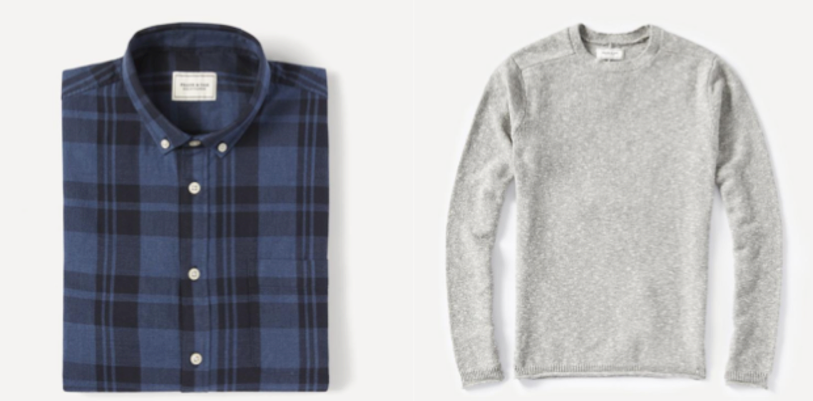 Plaid Light Flannel Shirt in Blue ($52) / Markled Yarn Wool-Blend Sweater in Gray ($74)