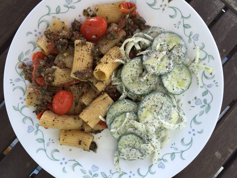 Lamb Rigatoni with Mint Pesto and Cucumber Salad