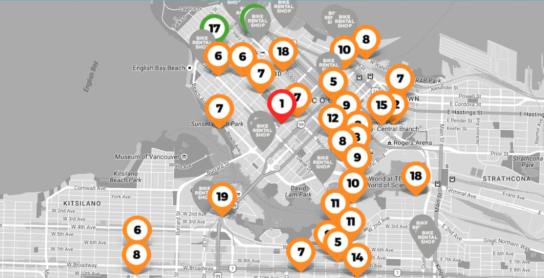 Screenshot of Mobi Bike Stations in Vancouver