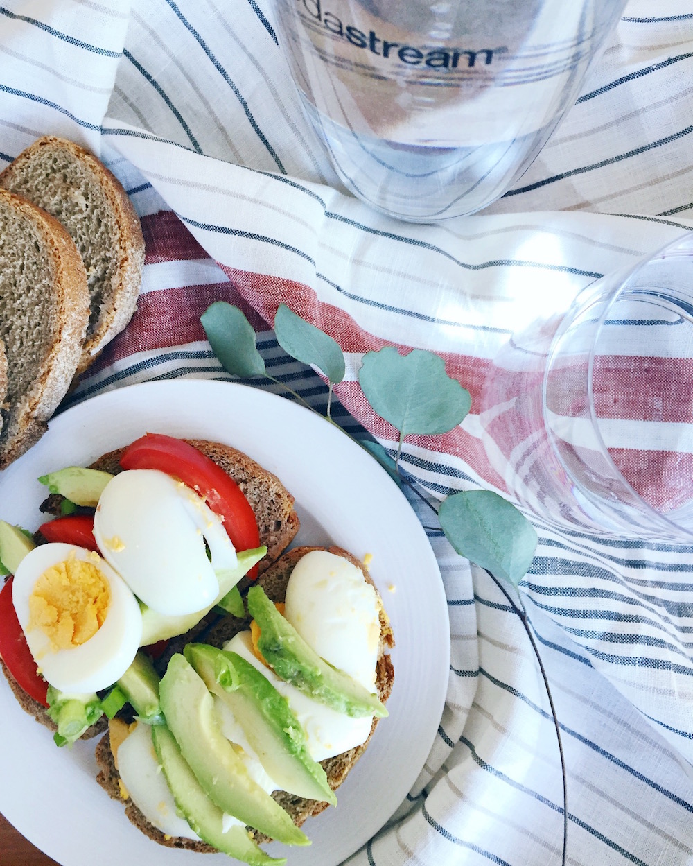 Avocado, eggs, and tomato on sourdough bread served with SodaStream sparkling water.