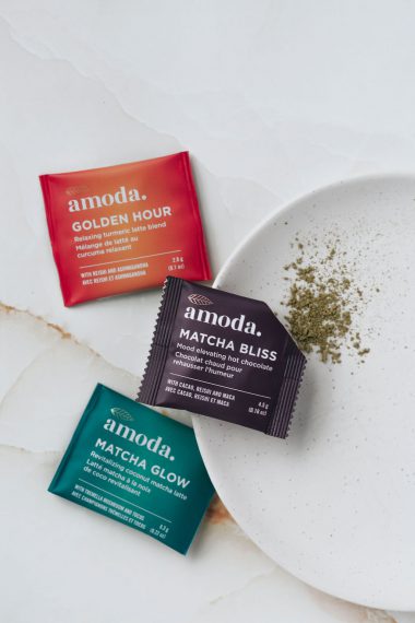 Amoda matcha bliss, amoda matcha glow, and amoda golden hour latte mixes