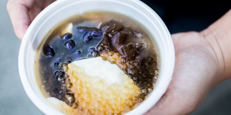 Sweet Tofu Pudding with Homemade Honey Cubes, Sweet Purple Potato Balls and Tapioca Pearls