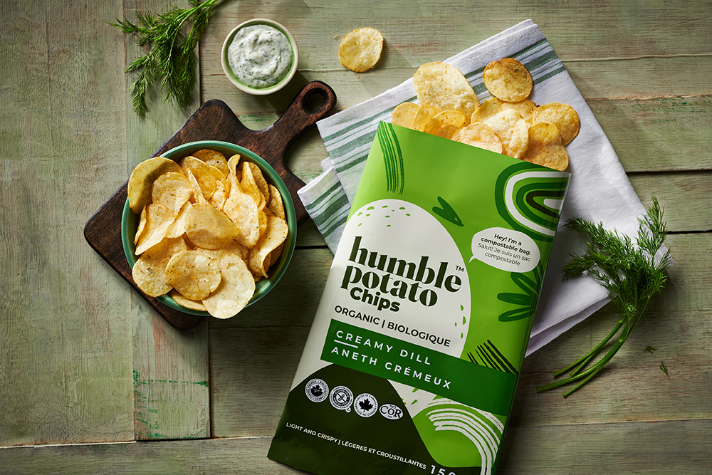 Humble Potato Chips dill flavour in compostable packaging