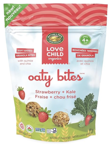 A bag of Love Child Oats Bites Strawberry and Kale Flavour