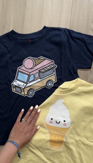A flatlay of Whistle & Flute's Ice Cream Truck and Soft Serve T Shirts